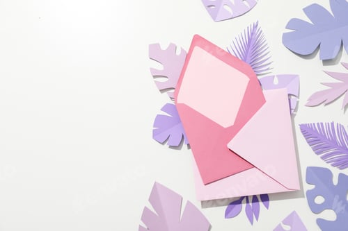 Preview: Paper purple tropical leaves on a light background, with pink writing