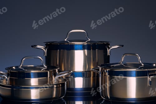 Preview: New cookware on black background, front view