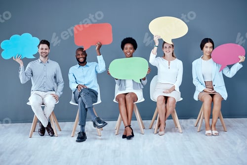 Preview: Employee group portrait, speech bubble and sitting in office for social media, diversity or opinion