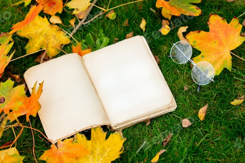 Preview: vintage book and glasses with maple leaves on a green grass in a garden