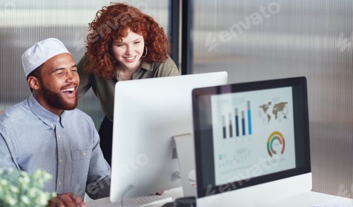 Preview: Business people working using computer in office manager woman helping colleague
