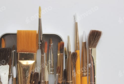 Preview: Large group of artist paint brushes on white background