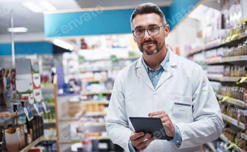 Preview: Portrait of a handsome mature pharmacist using a digital tablet in a pharmacy