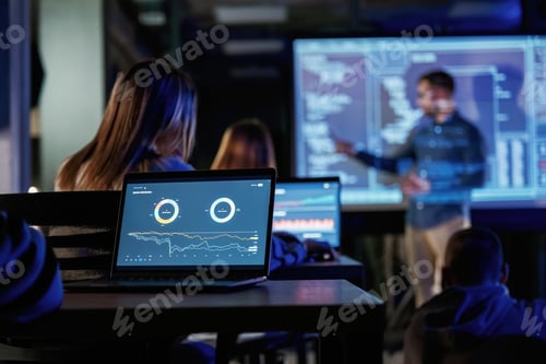 Preview: Talking about project. Male business trainer is against projector with data, teaching people