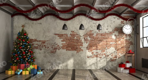 Preview: Empty room in a loft with Christmas tree