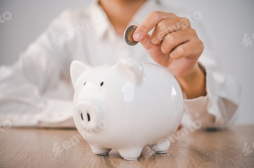 Preview: Hand holding coin with pig piggy bank. Saving and financial accounts concept