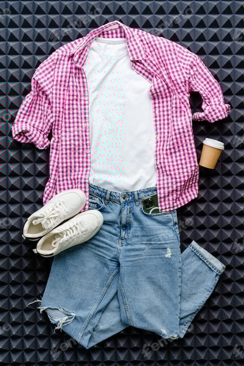 Preview: Casual clothes jeans, shirt, shoes on gray background top view