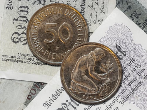 Preview: German pfennig coins. Currency of western Germany
