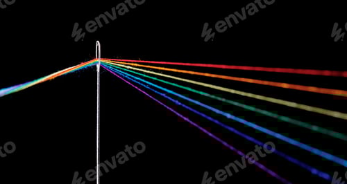 Preview: multi-colored threads for sewing in the form of a rainbow pass through an antique needle