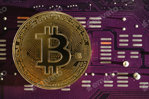 Vista previa: bitcoin on electronic circuit background of a computer motherboard
