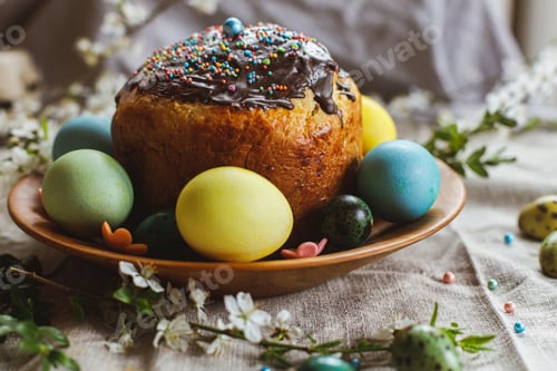 Preview: Happy Easter! Homemade easter bread and natural dyed easter eggs with spring flowers