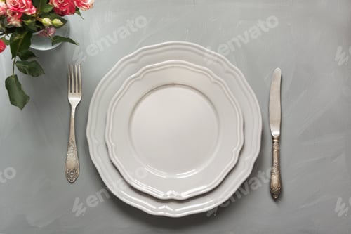 Preview: Festive table setting with flowers, vintage dishware, silverware and decorations