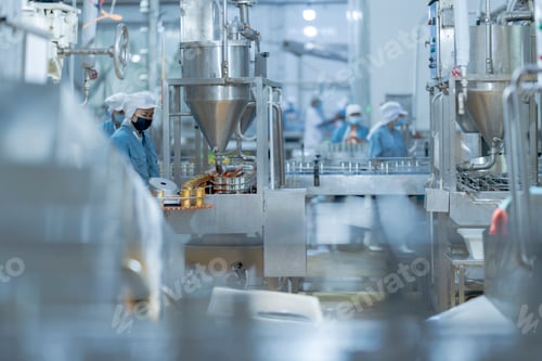 Preview: Workers handling seafood on an assembly line in a food processing facility