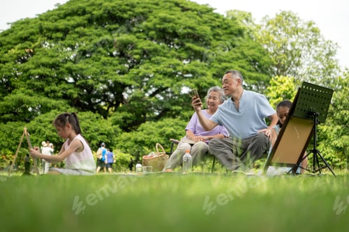 Preview: Happy Asian grandparents enjoying a picnic with their granddaughter in a green park