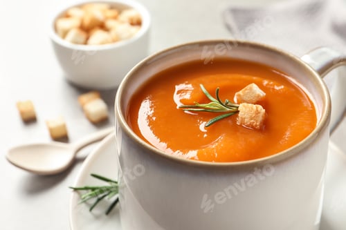 Preview: Mug of tasty sweet potato soup on table, closeup