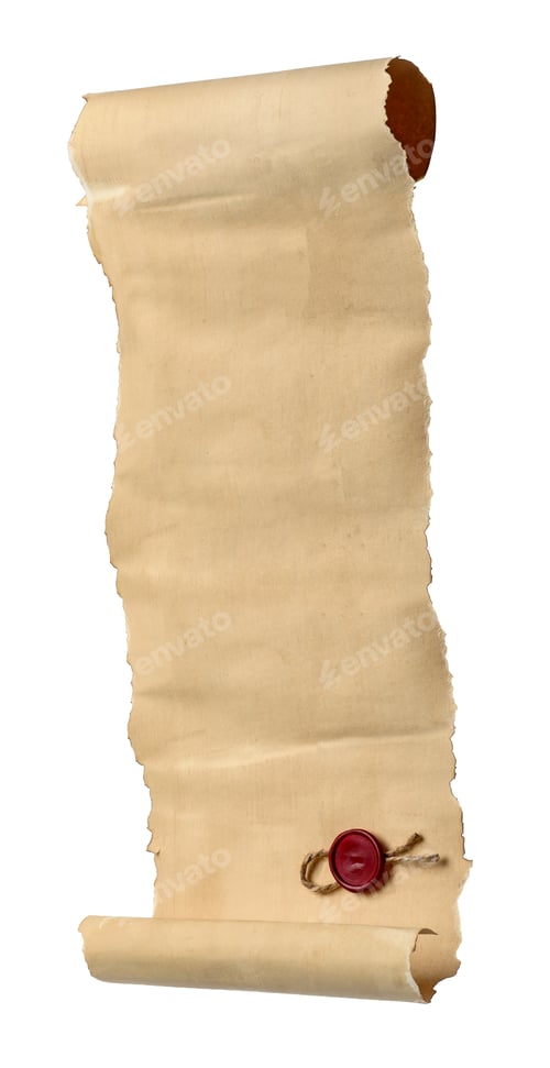 Preview: Scroll of old parchment paper with wax seal isolated on white