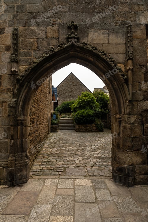 Preview: Lovely wooden houses in the old town of Dinan and its medieval castle, French Brittany