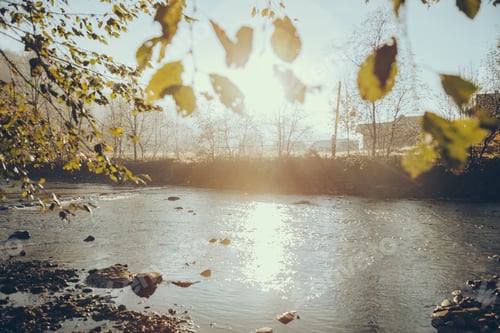 Preview: dramatic shot of mountain river in Vorokhta town in sunny morning, Carpathians, Ukraine