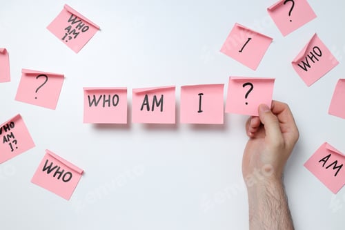 Preview: Stickers with text Who am I? and hand on white background