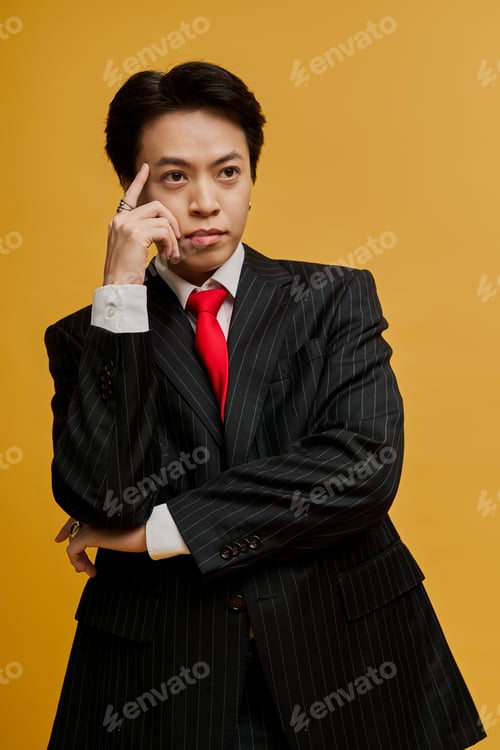 Preview: Elegant young asian businessman confidently poses in stylish striped suit