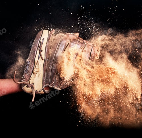 Preview: Baseball, glove hand and win with studio background dirt for catch action in a sports match. Isolat