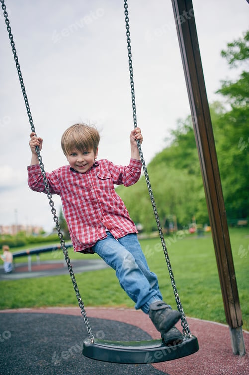 Preview: Outdoors portrait of cute preschool laughing boy swinging on a swing at the playground