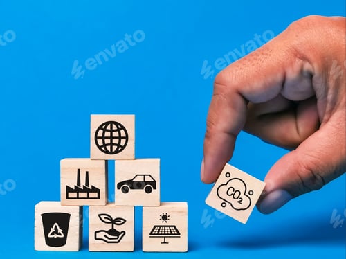 Preview: Business and environment concept. Hand putting wooden cube with icons against blue background.