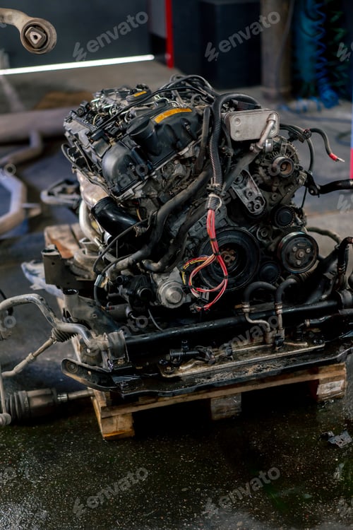 Preview: service station the engine removed from the car the heart of the car stands on a pallet for repair