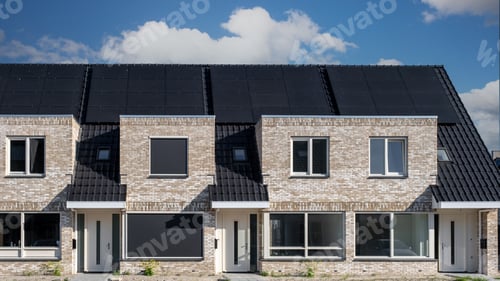 Aperçu: Newly build houses with solar panels attached on the roof against a sunny sky