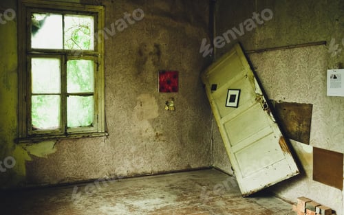 Preview: Room in an old abandoned house, paintings hang on the walls. Apartment interior