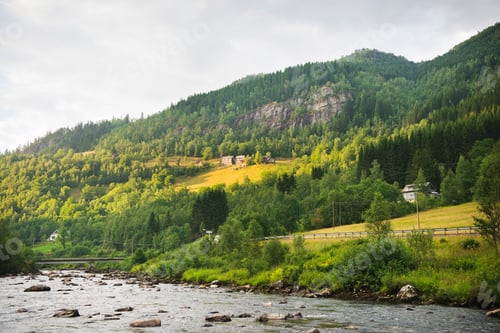 Preview: scenic landscape with river and green mountains in Gudvangen, Neirofjord, Norway