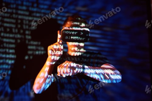 Preview: Double exposure of a caucasian man and Virtual reality headset is presumably a gamer or a hacker