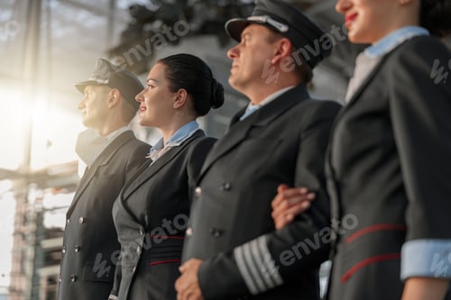 Preview: Pilots and stewardesses standing in a row at the airport