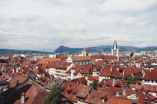 Preview: Annecy city, top view. Tile roofs, Cathedral
