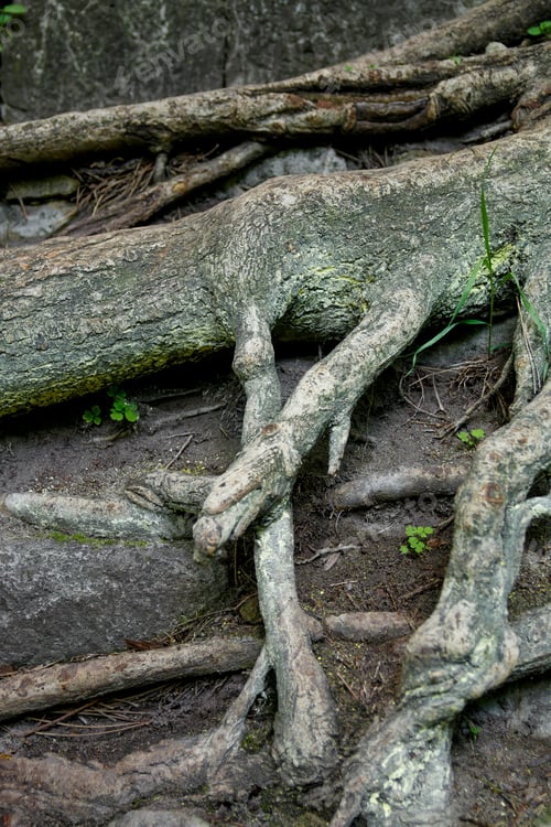 Preview: Tree root and moss background in the wood. Old. Close up.