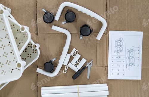 Preview: Plastic shelf parts before assembly, assembling home appliances.