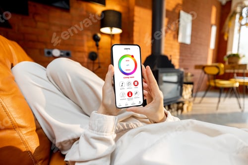 Preview: Woman using phone with running smart home application for light control