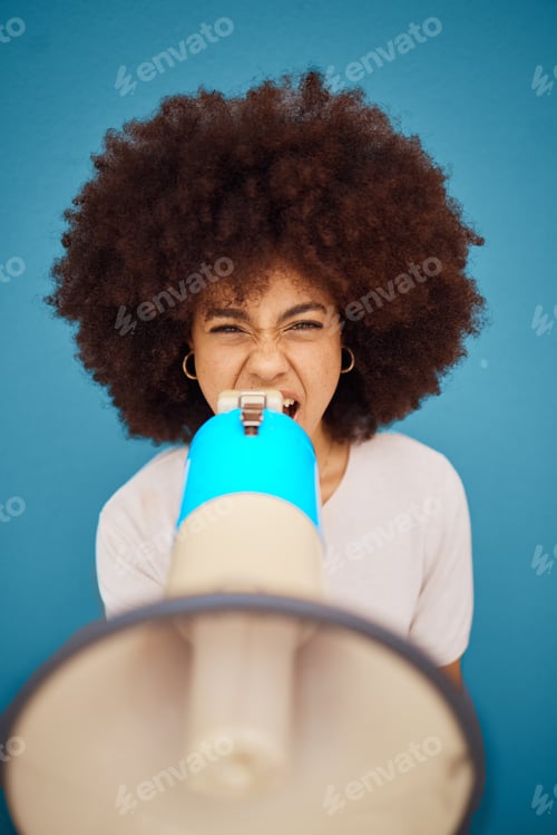 Preview: Black woman megaphone, blue background and shouting news for advertising or marketing a retail star