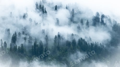 Preview: View of the mountains in Manali Himachal Pradesh in India covered by dense fog