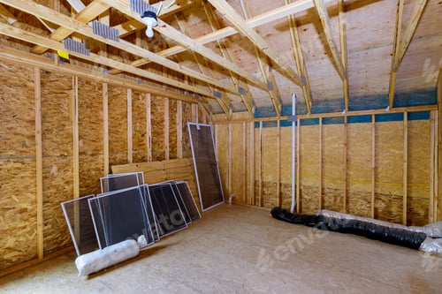 Preview: Framing beam of house attic under construction interior a walls ceiling material in wooden frame