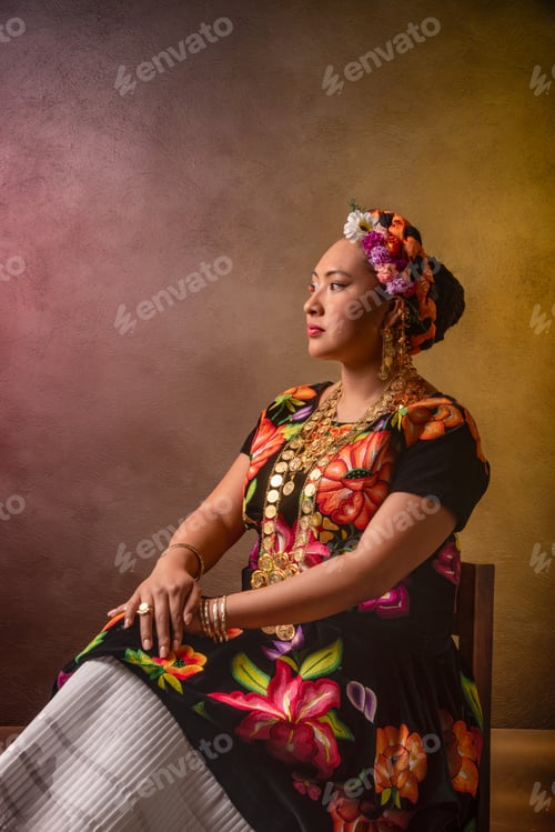 Preview: A woman wearing a flowery dress and a flower headband sits on a chair