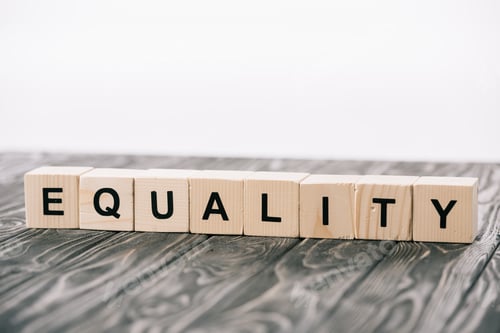 Preview: equality lettering made from alphabet cubes on wooden table on white