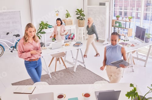 Preview: Diversity. office, busy and women walking, moving fast and planning advertising campaign or global