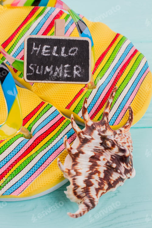 Preview: Little seashell on bright slippers.