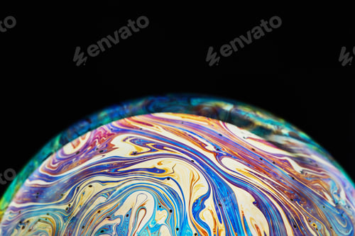 Preview: Virtual reality space with abstract multicolor psychedelic planet. Closeup Soap bubble like
