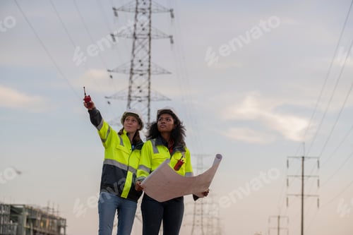 Preview: Engineers wearing safety gear, including hard hats examining survey a large blueprint tablet standin
