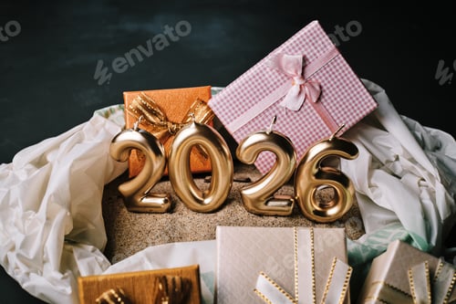 Visualização: Comemorando a chegada de 2026 com velas douradas e presentes festivos