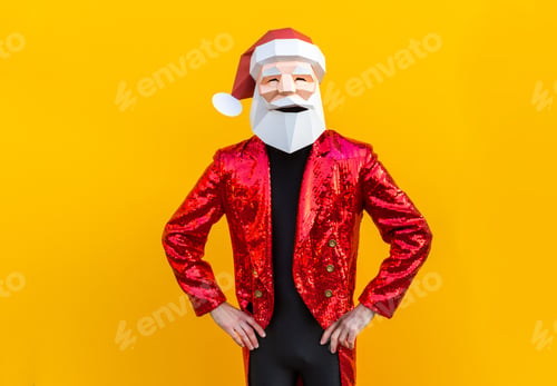 Preview: Man with funny low poly mask on colored background