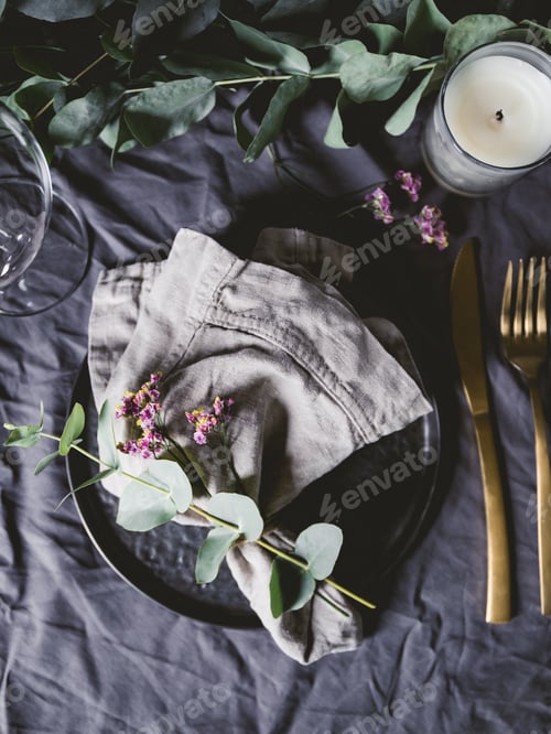 Preview: Festive table setting with floral decor. The concept of Thanksgiving or wedding dinner.