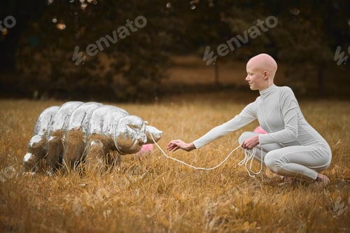 Preview: Portrait of young hairless girl with alopecia in white cloth playing with tardigrade toy in park
